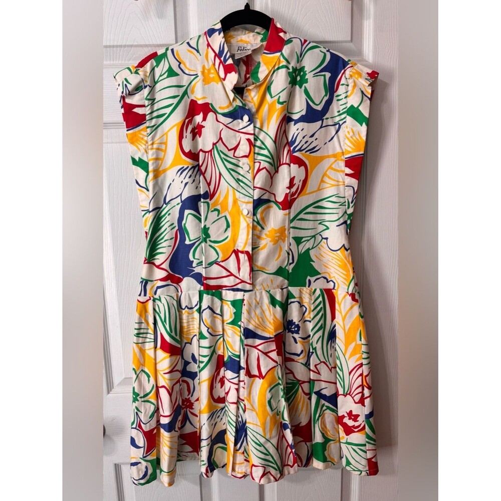 Vintage 80’s Bold Tropical Print Dress Size S Drop Waist Pleats Memphis Design
